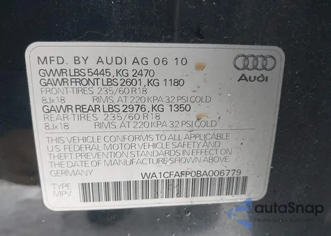 2011 Audi Q5 2.0T Premium from USA, damaged, VIN WA1CFAFP0BA006779